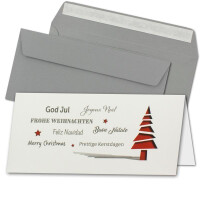 75x Weihnachtskarten-Set DIN Lang in Creme mit roten Tannenbäumen und Text - Faltkarten mit Umschlägen DIN Lang Grau mit Haftklebung - Weihnachtsgrüße für Firmen und Privat