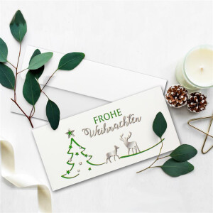 20x Weihnachtskarten-Set DIN Lang in Weiß mit grünem Tannenbaum und Rentier - Faltkarten mit passenden Umschlägen DIN Lang Hochweiß mit Haftklebung - Weihnachtsgrüße für Firmen und Privat