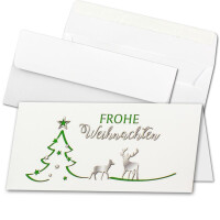 20x Weihnachtskarten-Set DIN Lang in Weiß mit grünem Tannenbaum und Rentier - Faltkarten mit passenden Umschlägen DIN Lang Hochweiß mit Haftklebung - Weihnachtsgrüße für Firmen und Privat