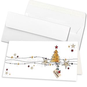 15x Weihnachtskarten-Set DIN Lang in Weiß mit Weihnachtsbaum und Sternen - Faltkarten mit passenden Umschlägen DIN Lang Hochweiß mit Haftklebung - Weihnachtsgrüße für Firmen und Privat