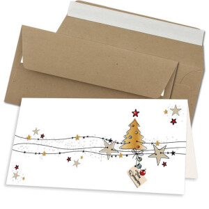 20x Weihnachtskarten-Set DIN Lang in Weiß mit Weihnachtsbaum und Sternen - Faltkarten mit Umschlägen DIN Lang Kraftpapier Sandbraun mit Haftklebung - Weihnachtsgrüße für Firmen und Privat