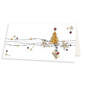 75x Weihnachtskarte DIN Lang in Weiß mit Weihnachtsbaum und Sternen - Faltkarten mit Weihnachtsmotiv - 9,8 x 21 cm - Weihnachtsgrüße für Firmen und Privat