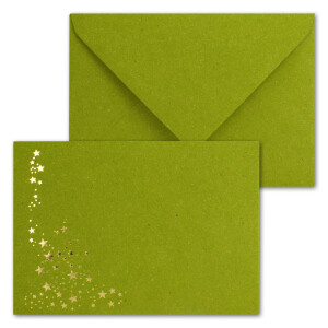 75x Weihnachts-Briefumschläge - DIN C6 - mit Gold-Metallic geprägtem Sternenregen -Farbe: Kraftpapier Hellgrün (Grün)- Nassklebung, 120 g/m² - 114 x 162 mm