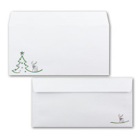 25x Briefumschläge DIN Lang in Weiß mit grünem Tannenbaum und Rentier - Haftklebung mit Abziehstreifen - 110 x 220 mm - 120 g/m² - Weihnachtsumschläge mit Motiv für Firmen und Privat