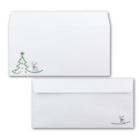 50x Briefumschläge DIN Lang in Weiß mit grünem Tannenbaum und Rentier - Haftklebung mit Abziehstreifen - 110 x 220 mm - 120 g/m² - Weihnachtsumschläge mit Motiv für Firmen und Privat