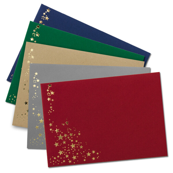 500x Weihnachts-Briefumschläge - DIN C6 - mit Gold-Metallic geprägtem Sternenregen - Farbenmix 1 - je Farbe 100 Stück - Nassklebung - 114 x 162 mm