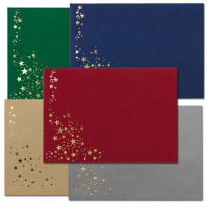 75x Weihnachts-Briefumschläge - DIN B6 - mit Gold-Metallic geprägtem Sternenregen - Farbenmix 1 - je Farbe 15 Stück - Nassklebung - 125 x 175 mm
