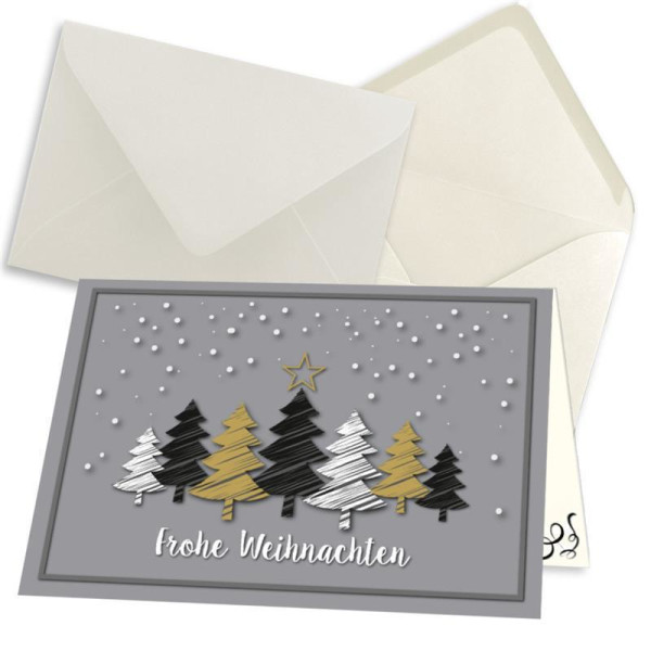 25x kleines Weihnachtskarten-Set DIN A7 in Grau mit Weihnachtsbäumen in Scratch-Optik - Faltkarten mit passenden Umschlägen DIN C7 Naturweiß mit Nassklebung - für Firmen und Privat