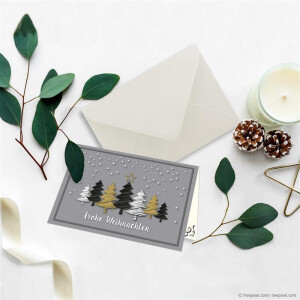 25x kleines Weihnachtskarten-Set DIN A7 in Grau mit Weihnachtsbäumen in Scratch-Optik - Faltkarten mit passenden Umschlägen DIN C7 Naturweiß mit Nassklebung - für Firmen und Privat