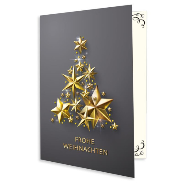75x kleine Weihnachtskarte DIN A7 in Grau mit goldenem Weihnachtsbaum aus Sternen - Faltkarten mit Weihnachtsmotiv - 7,4 x 10,5 cm - Weihnachtsgrüße für Firmen und Privat