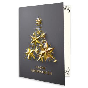 75x kleine Weihnachtskarte DIN A7 in Grau mit goldenem Weihnachtsbaum aus Sternen - Faltkarten mit Weihnachtsmotiv - 7,4 x 10,5 cm - Weihnachtsgrüße für Firmen und Privat