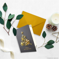 200x kleines Weihnachtskarten-Set DIN A7 in Grau mit goldenem Weihnachtsbaum aus Sternen - Faltkarten mit Umschlägen DIN C7 Gold mit Nassklebung - Weihnachtsgrüße für Firmen und Privat