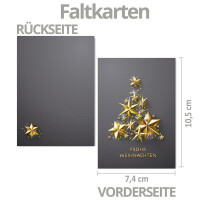 200x kleines Weihnachtskarten-Set DIN A7 in Grau mit goldenem Weihnachtsbaum aus Sternen - Faltkarten mit Umschlägen DIN C7 Gold mit Nassklebung - Weihnachtsgrüße für Firmen und Privat