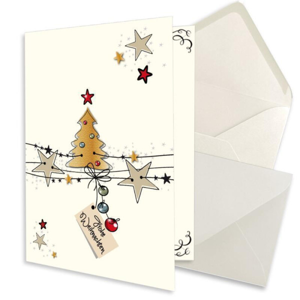 25x kleines Weihnachtskarten-Set DIN A7 in Weiß mit Weihnachtsbaum und Sternen - Faltkarten mit passenden Umschlägen DIN C7 Naturweiß mit Nassklebung - Weihnachtsgrüße für Firmen und Privat