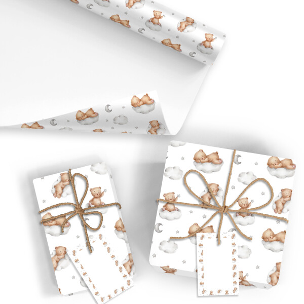 15x Geschenkpapier für Baby/Kind Motiv Bär - 15 große Bogen je 70 x 100 cm - verpackt als eine Rolle - inkl. Passende Geschenkanhänger - Umweltfreundliche Geschenkverpackung - Marke Neuser