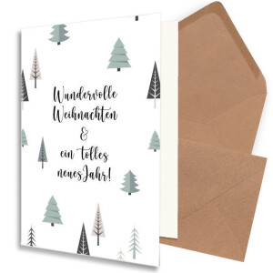 100x nachhaltiges Weihnachtskarten-Set DIN A6 in Weiß mit Weihnachtsbäumen und Text - Faltkarten mit Umschlägen DIN C6 in Kraftpapier Rosa - Weihnachtsgrüße für Firmen und Privat