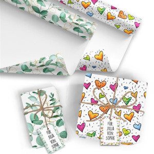 20x Geschenkpapier Mix Motiv Eukalyptus und Herzen - 2 x 10 große Bogen je 70 x 100 cm - verpackt als eine Rolle - inkl. Passende Geschenkanhänger - Umweltfreundliche Geschenkverpackung