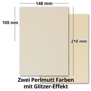 250x Faltkartenset mit Umschlägen DIN A6 - 10,5 x 14,8 cm - glitzernde cremefarben mit Perlmutt Effekt in zwei Pastell-Tönen mit Geschenkschachtel
