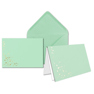 10x Faltkarten DIN A6 im Set mit Umschlägen DIN C6 mit Einlege Papier - Farbe: Mintgrün (Grün) mit geprägten Gold Metallic Sternen (glänzend) - Ideal für Weihnachtskarten
