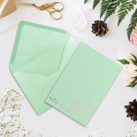 10x Faltkarten DIN A6 im Set mit Umschlägen DIN C6 mit Einlege Papier - Farbe: Mintgrün (Grün) mit geprägten Gold Metallic Sternen (glänzend) - Ideal für Weihnachtskarten