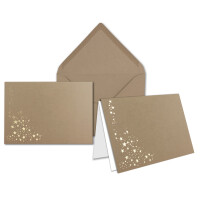 100x Faltkarten DIN A6 im Set mit Umschlägen DIN C6 mit Einlege Papier - Farbe: Cappuccino (Braun) mit geprägten Gold Metallic Sternen (glänzend) - Ideal für Weihnachtskarten