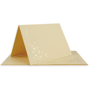 50x Faltkarten DIN A6 im Set mit Umschlägen DIN C6 mit Einlege Papier - Farbe: Karamell (Braun) mit geprägten Gold Metallic Sternen (glänzend) - Ideal für Weihnachtskarten