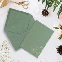 15x Faltkarten DIN A6 im Set mit Umschlägen DIN C6 mit Einlege Papier - Kraftpapier Eukalyptus (Grün) mit geprägten Gold Metallic Sternen (glänzend) - Ideal für Weihnachtskarten