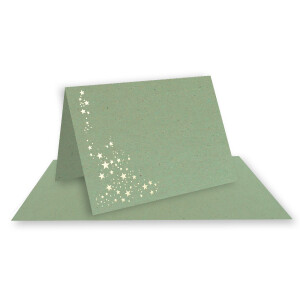 100x Faltkarten DIN A6 im Set mit Umschlägen DIN C6 mit Einlege Papier - Kraftpapier Eukalyptus (Grün) mit geprägten Gold Metallic Sternen (glänzend) - Ideal für Weihnachtskarten