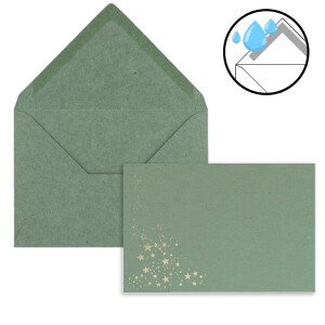 100x Faltkarten DIN A6 im Set mit Umschlägen DIN C6 mit Einlege Papier - Kraftpapier Eukalyptus (Grün) mit geprägten Gold Metallic Sternen (glänzend) - Ideal für Weihnachtskarten