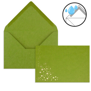 100x Faltkarten DIN A6 im Set mit Umschlägen DIN C6 mit Einlege Papier - Kraftpapier Hellgrün mit geprägten Gold Metallic Sternen (glänzend) - Ideal für Weihnachtskarten