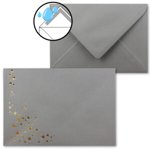 100x Faltkarten DIN A6 im Set mit Umschlägen DIN C6 mit Einlege Papier - Farbe: Graphit (Grau) mit geprägten Gold Metallic Sternen (glänzend) - Ideal für Weihnachtskarten