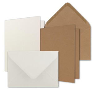 20x Karten-Set DIN B6  - Naturweiß - Kraftpapier Braun - 12 x 17 cm Faltkarten mit Umschläge - 2 Farben - Nassklebung