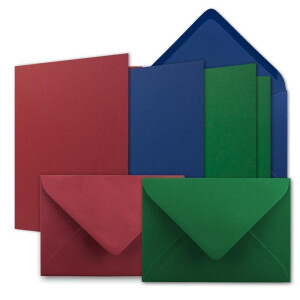 150x Karten-Set DIN B6 - Dunkelrot - Dunkelgrün - Dunkelblau - Faltkarten mit Umschläge - 3 Farben - 12 x 17 cm & Umschläge - 12,5 x 17,5 cm