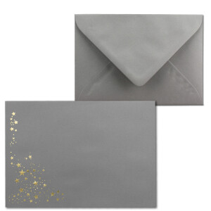 50x Weihnachts-Briefumschläge - DIN B6 - mit Gold-Metallic geprägtem Sternenregen -Farbe: Grau, Nassklebung, 120 g/m² - 120 x 176 mm - Marke: GUSTAV NEUSER