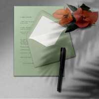 75x Briefpapier-Sets DIN A4 mit C6 gefütterten Briefumschlägen, Nassklebung - Eukalyptus-Grün - mattes Schreibpapier und Kuverts mit weißem Seidenfutter