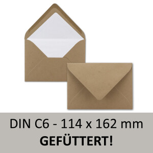 25 Briefumschläge Sandbraun (Braun) aus Kraftpapier- DIN C6 - gefüttert mit weißem Seidenpapier - 120 g/m² - 114 x 162 mm - Nassklebung - für Hochzeiten, Einladungen, Briefe