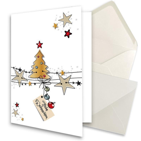 5x XL Weihnachtskarten-Set DIN A5 mit Motiv Weihnachtsbaum und Sterne - Faltkarten mit passenden Umschlägen DIN C5 Naturweiß mit Nassklebung - Weihnachtsgrüße für Firmen und Privat