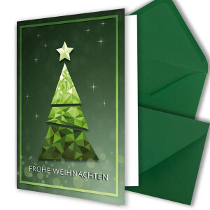 5x XL Weihnachtskarten-Set DIN A5 mit grünem Weihnachtsbaum in Glasmosaik-Optik - Faltkarten mit passenden Umschlägen DIN C5 Dunkelgrün mit Nassklebung - Weihnachtsgrüße für Firmen und Privat