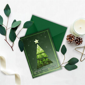 5x XL Weihnachtskarten-Set DIN A5 mit grünem Weihnachtsbaum in Glasmosaik-Optik - Faltkarten mit passenden Umschlägen DIN C5 Dunkelgrün mit Nassklebung - Weihnachtsgrüße für Firmen und Privat