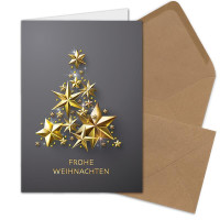 5 XL Weihnachtskarten-Set DIN A5 mit goldenem Weihnachtsbaum aus Sternen - Faltkarten mit passenden Umschlägen DIN C5 Kraftpapier Sandbraun mit Nassklebung - Weihnachtsgrüße für Firmen und Privat