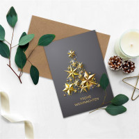 5 XL Weihnachtskarten-Set DIN A5 mit goldenem Weihnachtsbaum aus Sternen - Faltkarten mit passenden Umschlägen DIN C5 Kraftpapier Sandbraun mit Nassklebung - Weihnachtsgrüße für Firmen und Privat