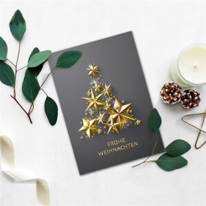 10 XL Weihnachtskarte DIN A5 mit goldenem Weihnachtsbaum aus Sternen - Faltkarten mit Weihnachtsmotiv - 14,8 x 21 cm - Weihnachtsgrüße für Firmen und Privat