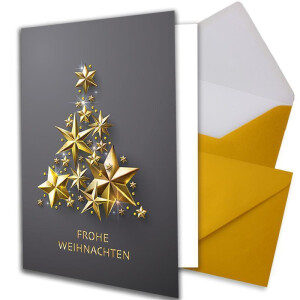 10 XL Weihnachtskarten-Set DIN A5 mit goldenem Weihnachtsbaum aus Sternen - Faltkarten mit passenden Umschlägen DIN C5 Gold mit Nassklebung - Weihnachtsgrüße für Firmen und Privat