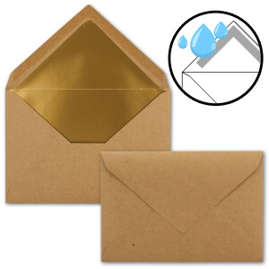 500x - Brief-Umschläge B6 mit Gold Innenfutter - 12,5 x 17,6 cm  - Kraft-Papier braun Recycling Nassklebung - Vintage - UmWelt by GUSTAV NEUSER