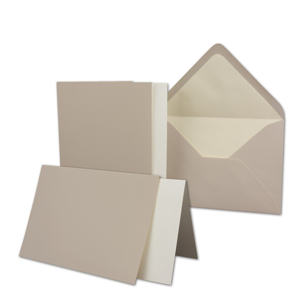 10 Sets - großes Kartenpaket mit 10 Faltkarten, passenden Einlegeblättern in creme & 10 gefütterten Umschlägen (gerippt) DIN B6 - 12 x 17 cm - 120 x 170 mm in Taupe