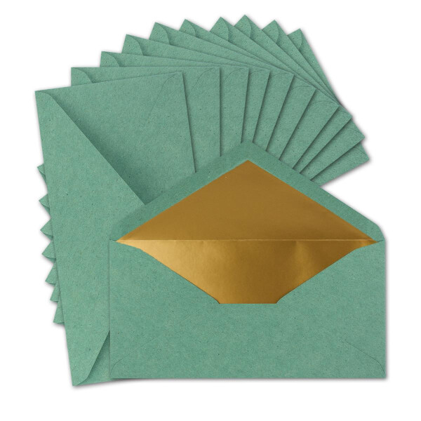 300 Stück Gold gefütterte Vintage-Umschläge DIN Lang 110 x 220 mm Kraft-Papier Eukalyptus (Grün) Recycling Nassklebung - UmWelt by GUSTAV NEUSER