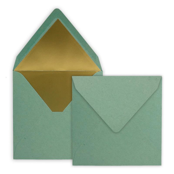 150 quadratische Brief-Umschläge - 15,5 x 15,5 cm, Kraftpapier Recycling Eukalyptus - mit Gold-Papier gefüttert - Nassklebung - Vintage-Look