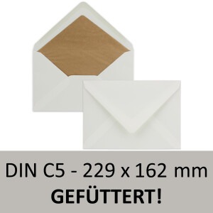 15x Brief-Umschläge C5 - Natur-Weiß - gefüttert mit braunem Seidenpapier - 90 g/m² - 22,9 x 16,2 cm - Nassklebung