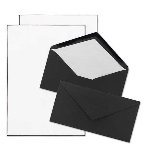 10x Trauerpapier Sets DIN A4 mit schwarzen Umschlägen, weiß gefüttert - Briefpapier mit handgemachtem schwarzen Rand - Briefpapier für Kondolenz