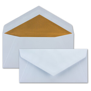 100 Briefumschläge Weiß - DIN Lang - gefüttert mit goldenem Innenfutter - 22 x 11 cm - Nassklebung, spitze Klappe - 90g/m² - Ideal für Einladungen und Grüße zu Geburtstag und Weihnachten